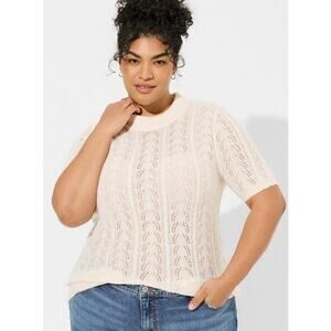 [Torrid] Cream Pointelle Open Knit Crew Neck Short Sleeve Pullover Sweater Sz 0X